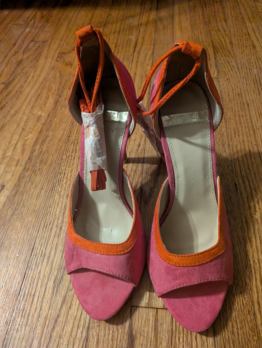 Yoki Hot Pink & Orange Suede Peep Toe Tassels Strappy Stiletto Heels Size 8